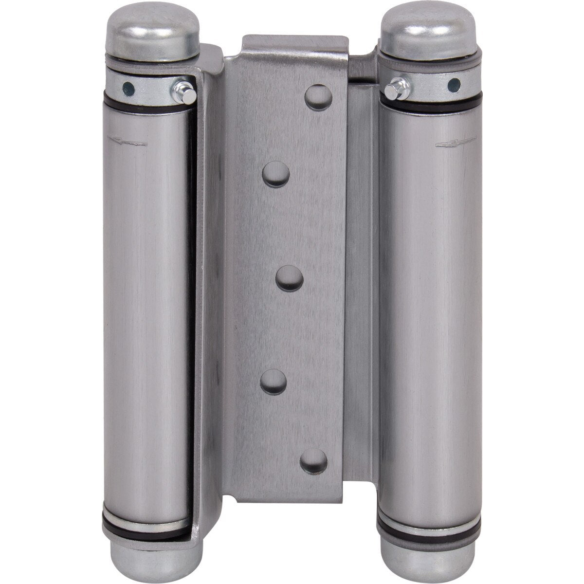 A pair of Double Acting Hinges in Satin Chrome shown against a plain white background.