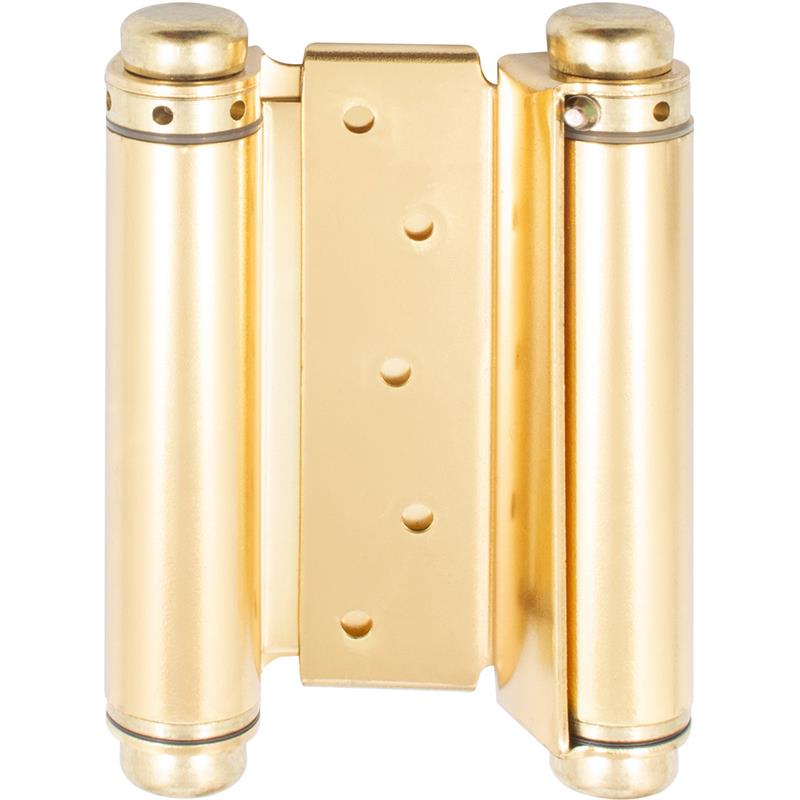 A pair of Double Acting Hinges in Polished Brass shown against a plain white background.