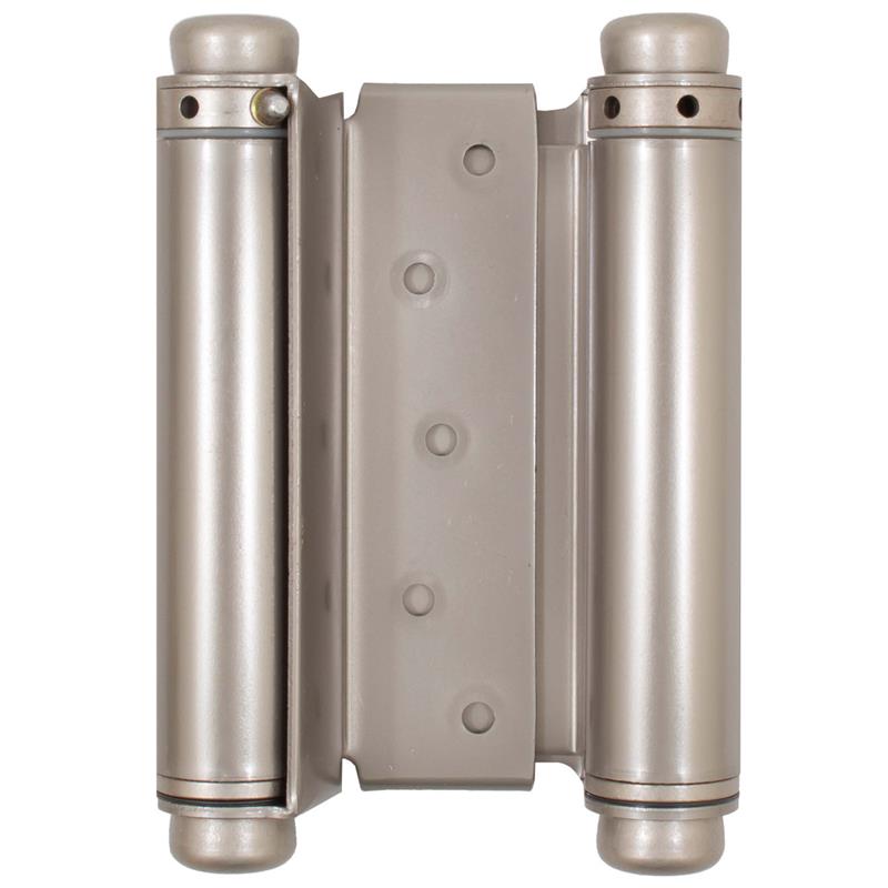 A pair of Double Acting Hinges in Satin Nickel shown against a plain white background.