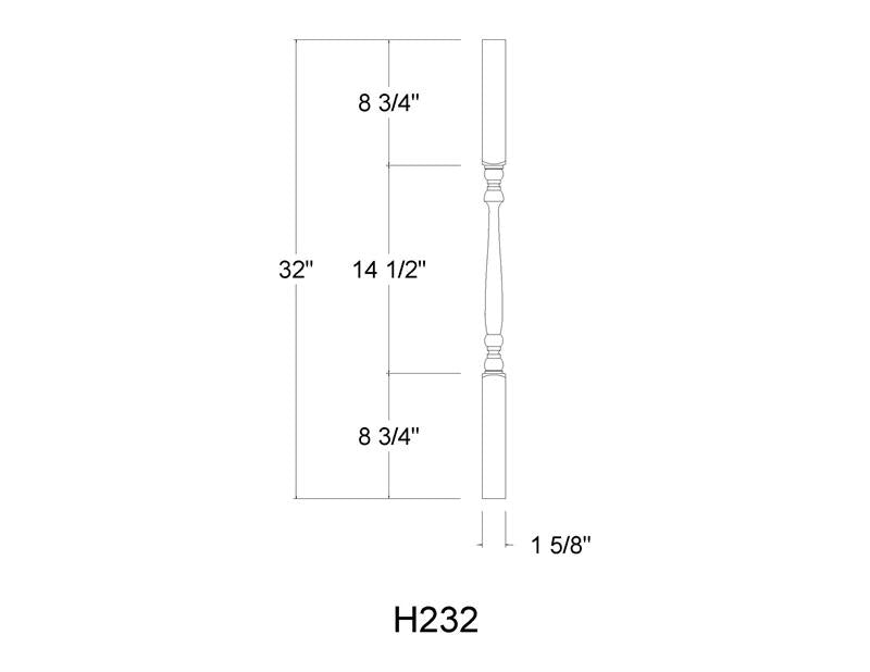 Technical drawing of a H232 stair baluster with dimensions labeled
